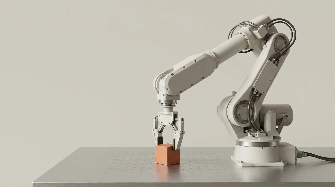 AI-generated editorial illustration of a robotic arm practicing pick-and-place with an orange cube